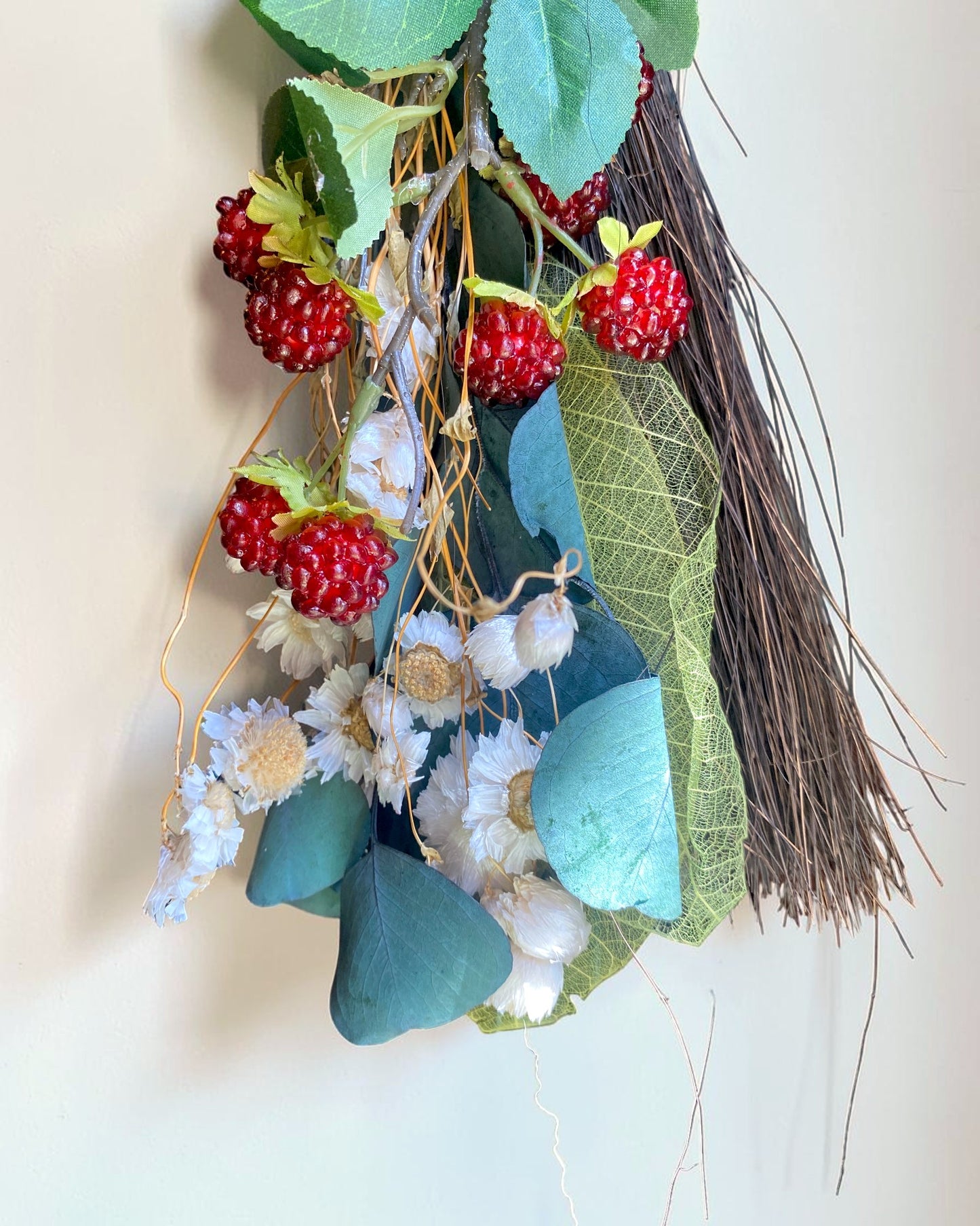 Besom Broom with Amethyst and Dried Raspberries and Flowers