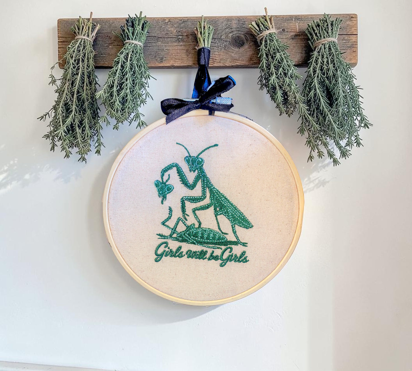 Girls Will Be Girls Praying Mantis Embroidered Wall Art