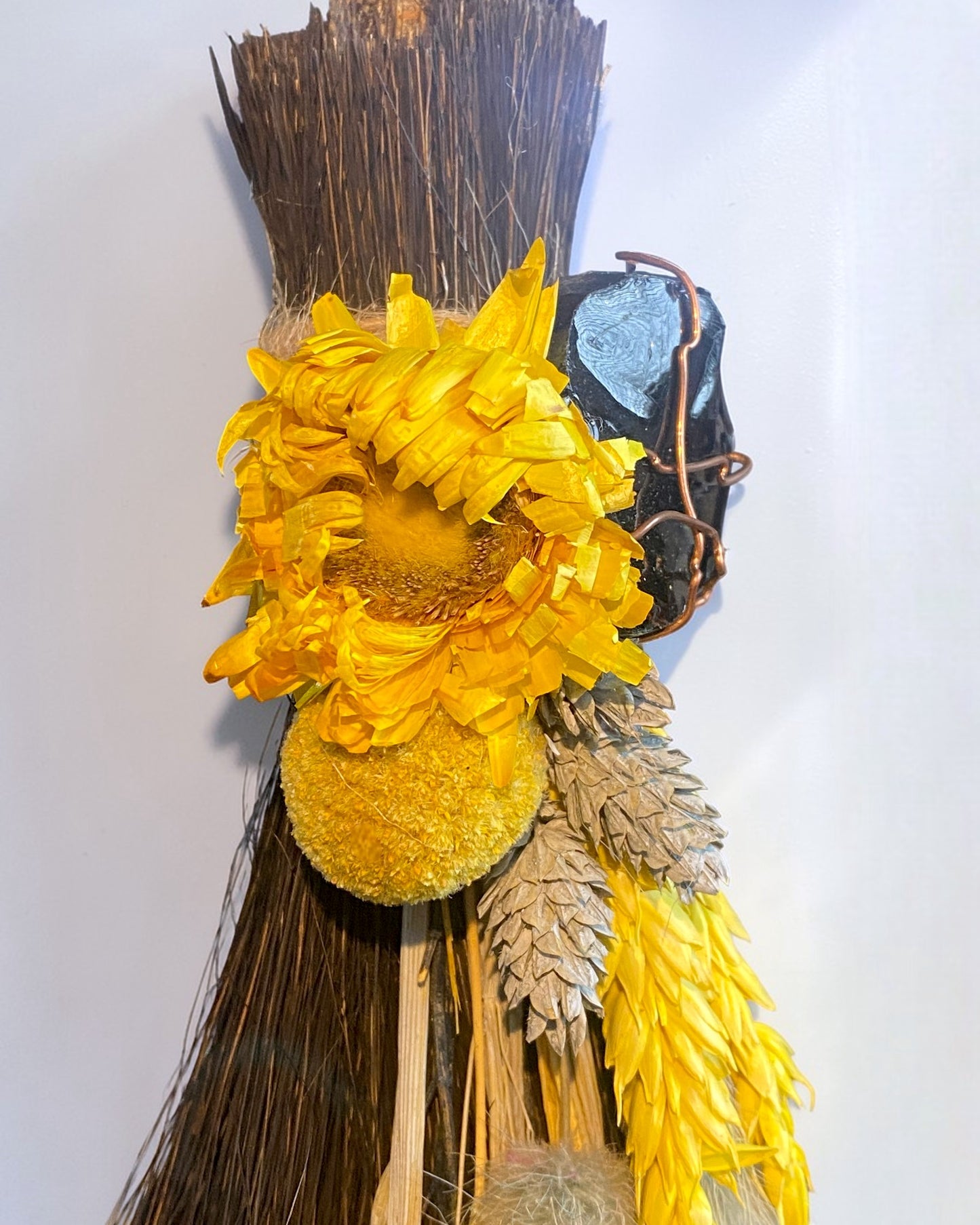 Besom Broom with Obsidian and Dried Flowers