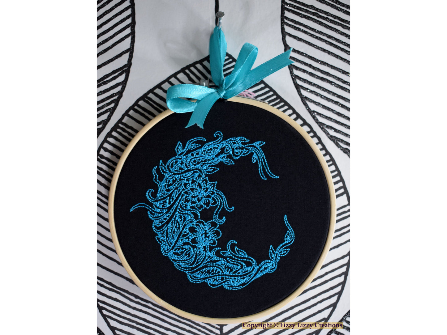 Floral Crescent Moon Embroidered Wall Art