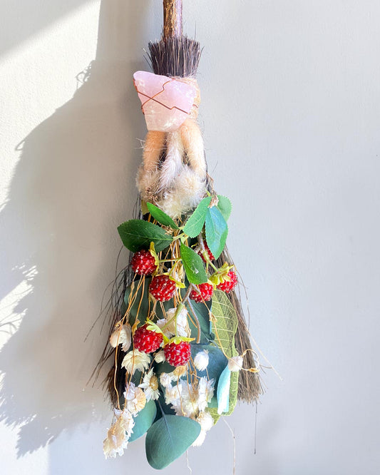 Besom Broom with Amethyst and Dried Raspberries and Flowers