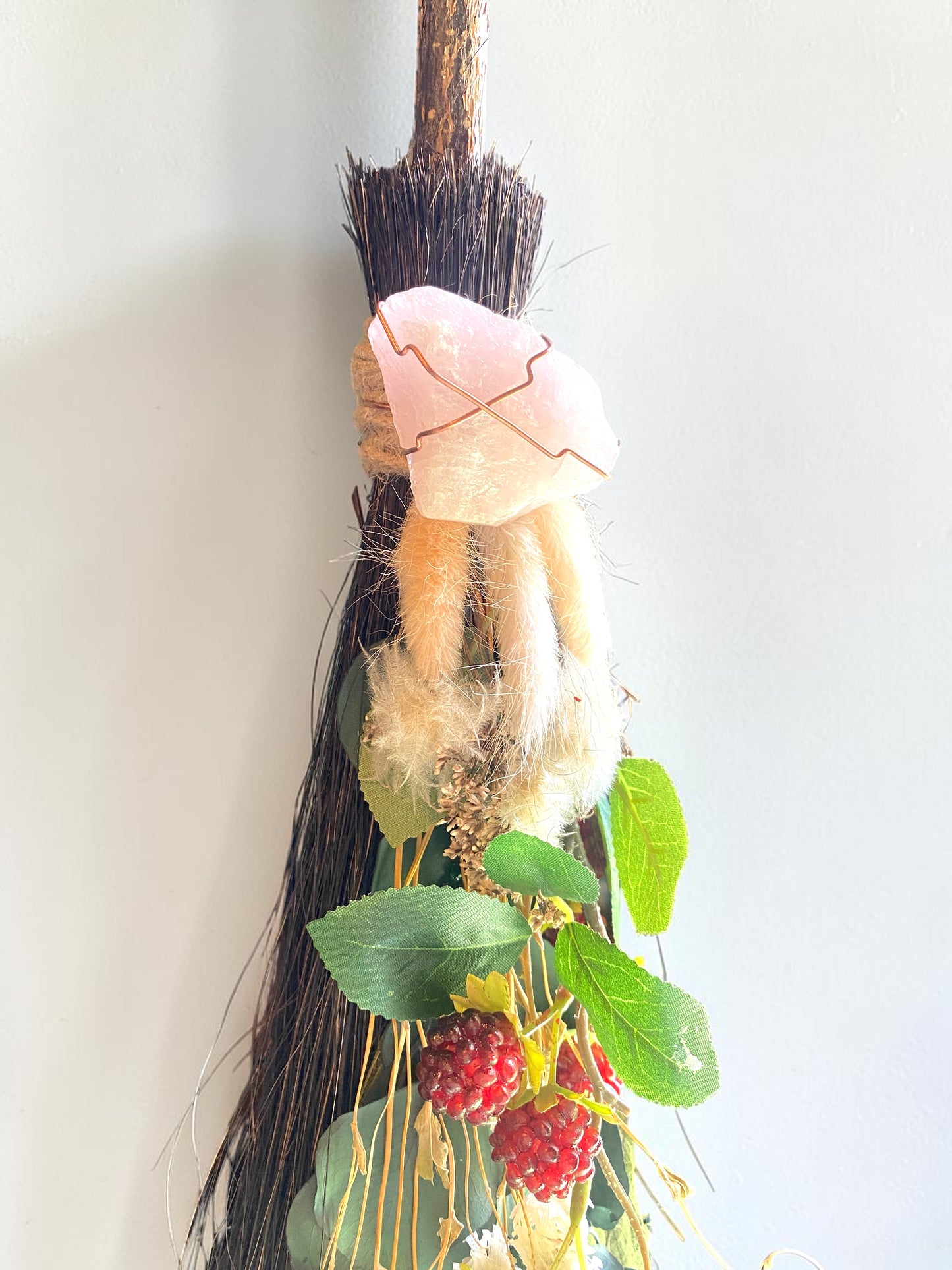 Besom Broom with Amethyst and Dried Raspberries and Flowers