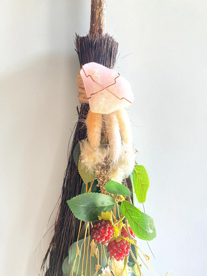 Besom Broom with Amethyst and Dried Raspberries and Flowers