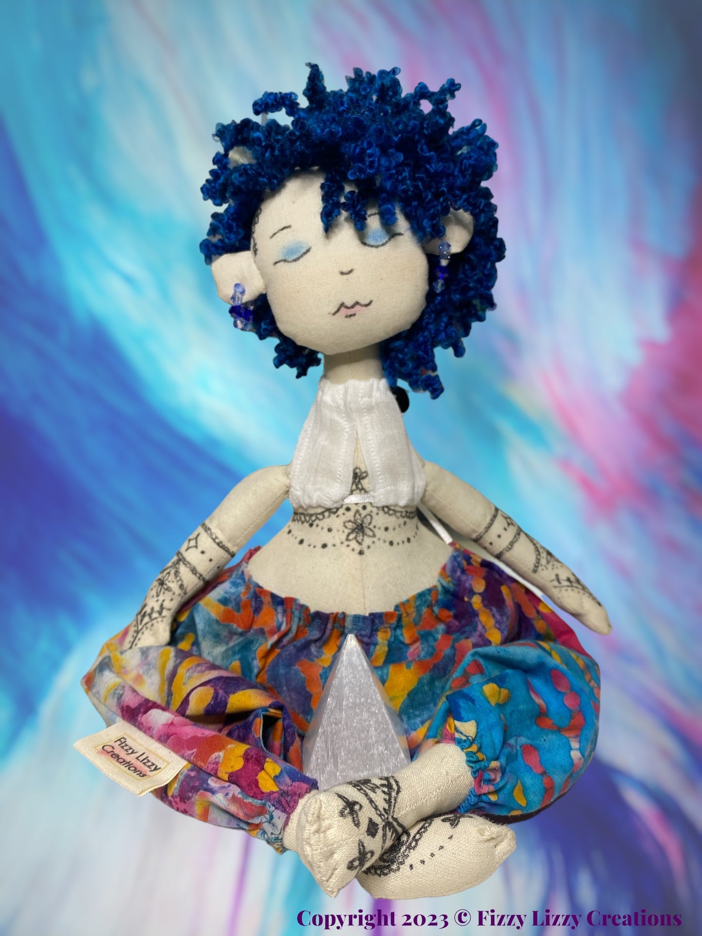 Zowie Meditation Doll with Selenite Pyramid in Blue