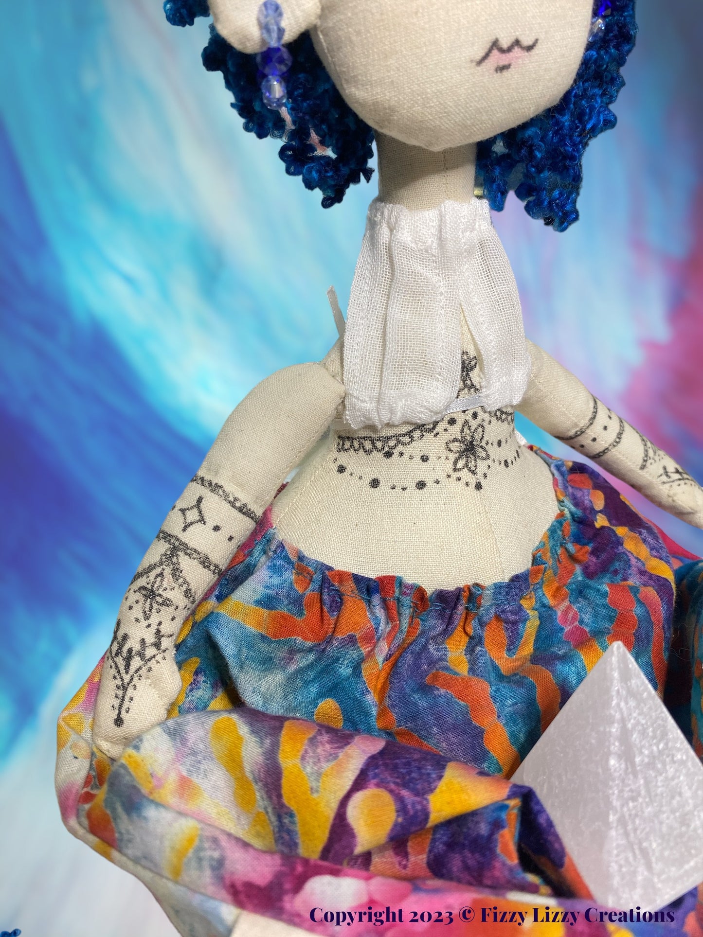 Zowie Meditation Doll with Selenite Pyramid in Blue