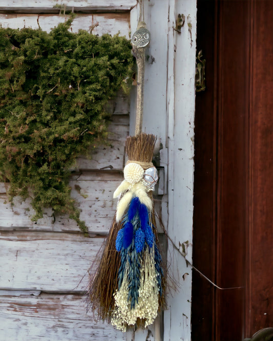 Besom Broom with Blue Calcite and Dried Flowers