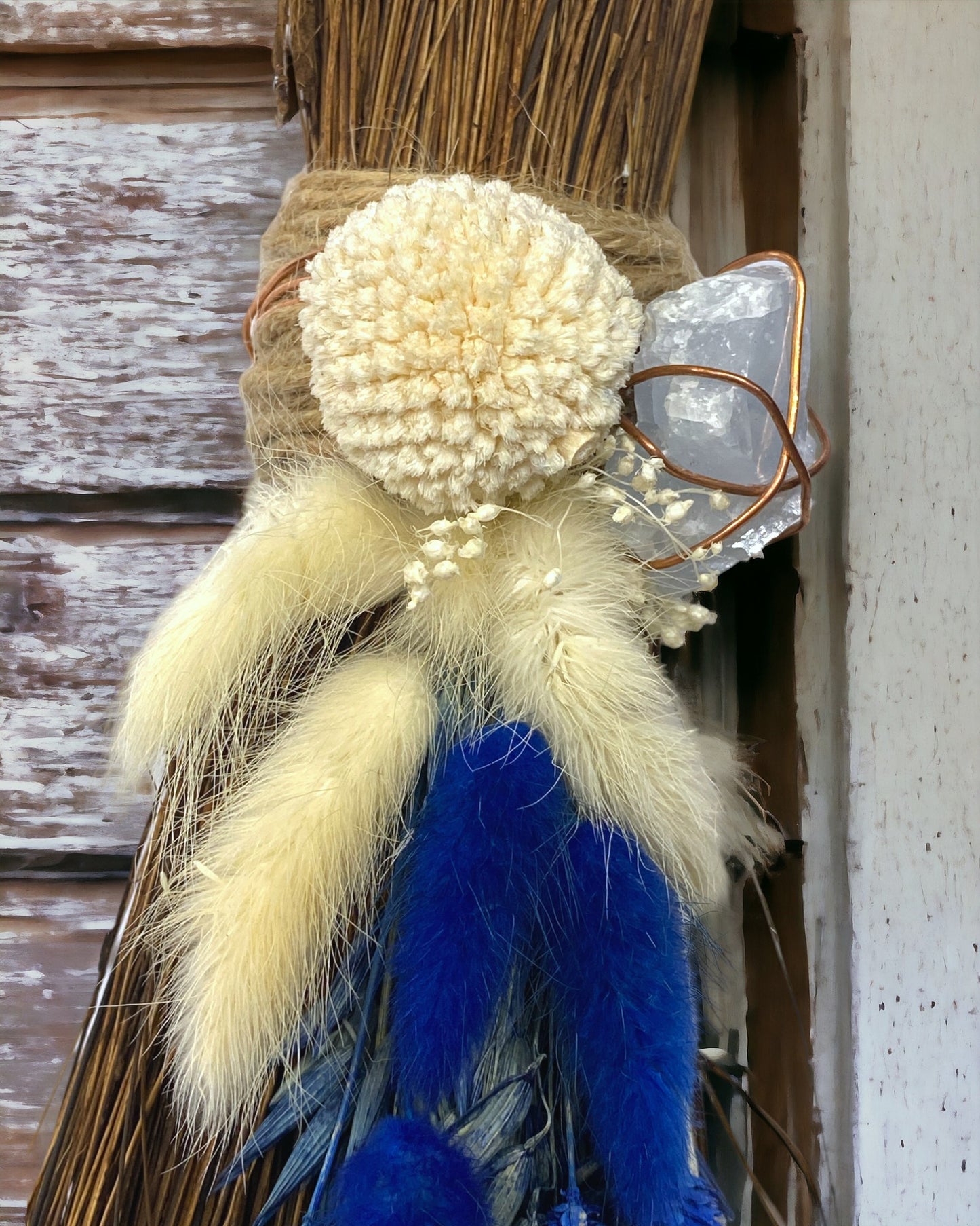 Besom Broom with Blue Calcite and Dried Flowers