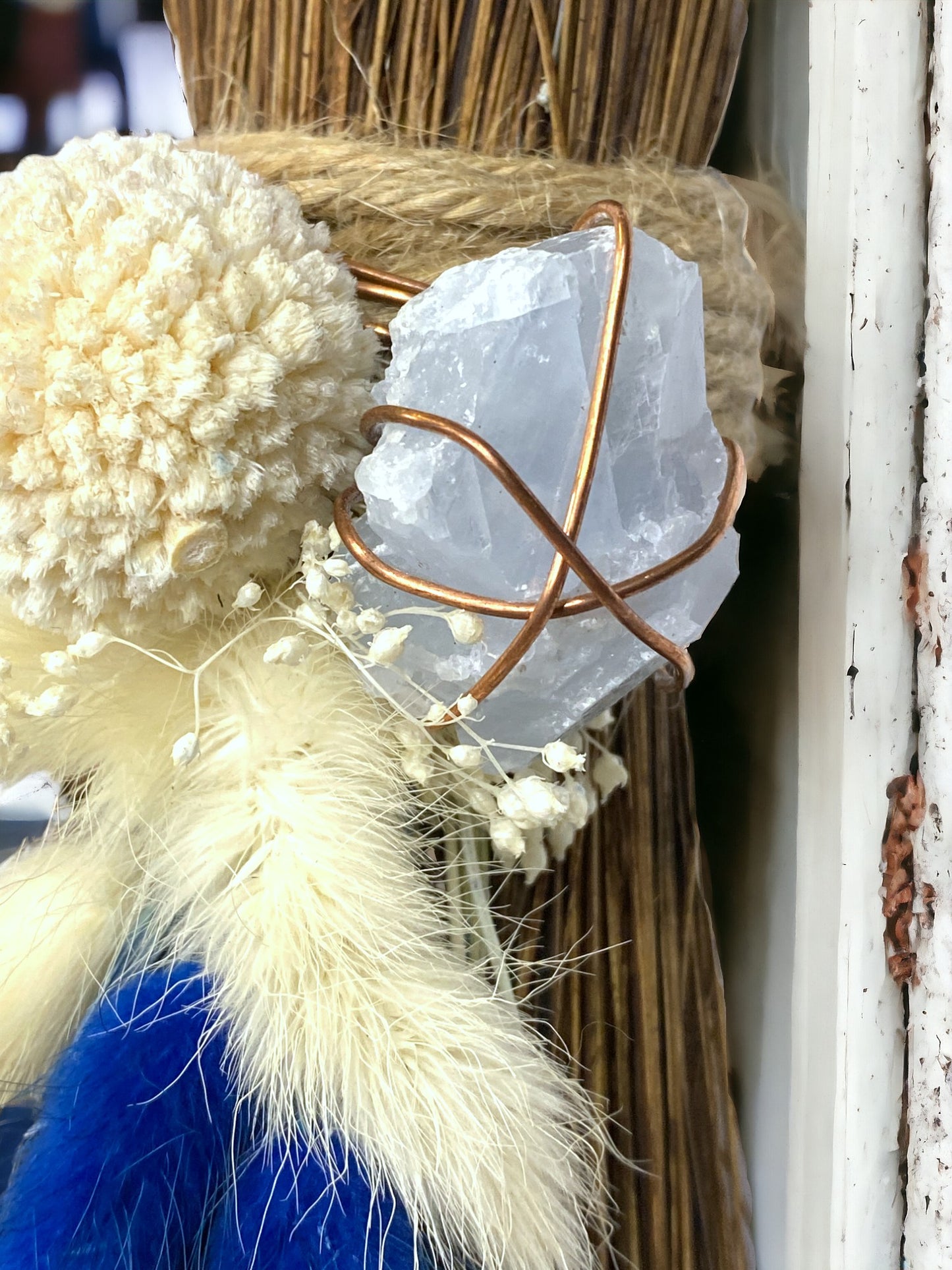 Besom Broom with Blue Calcite and Dried Flowers