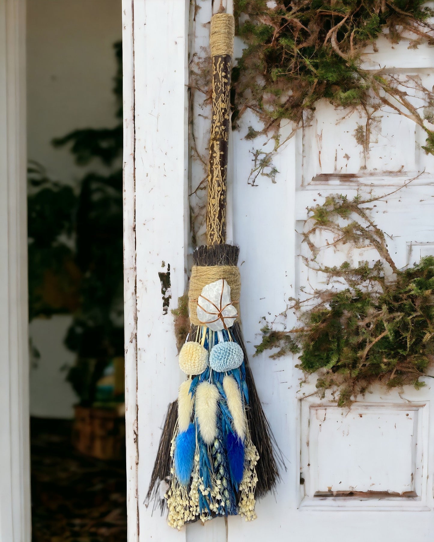 Besom Broom with Blue Calcite and Dried Flowers