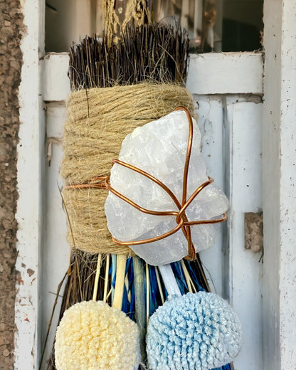 Besom Broom with Blue Calcite and Dried Flowers