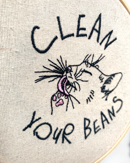 Clean Your Beans Cat Paw and Toe Beans Embroidered Wall Art