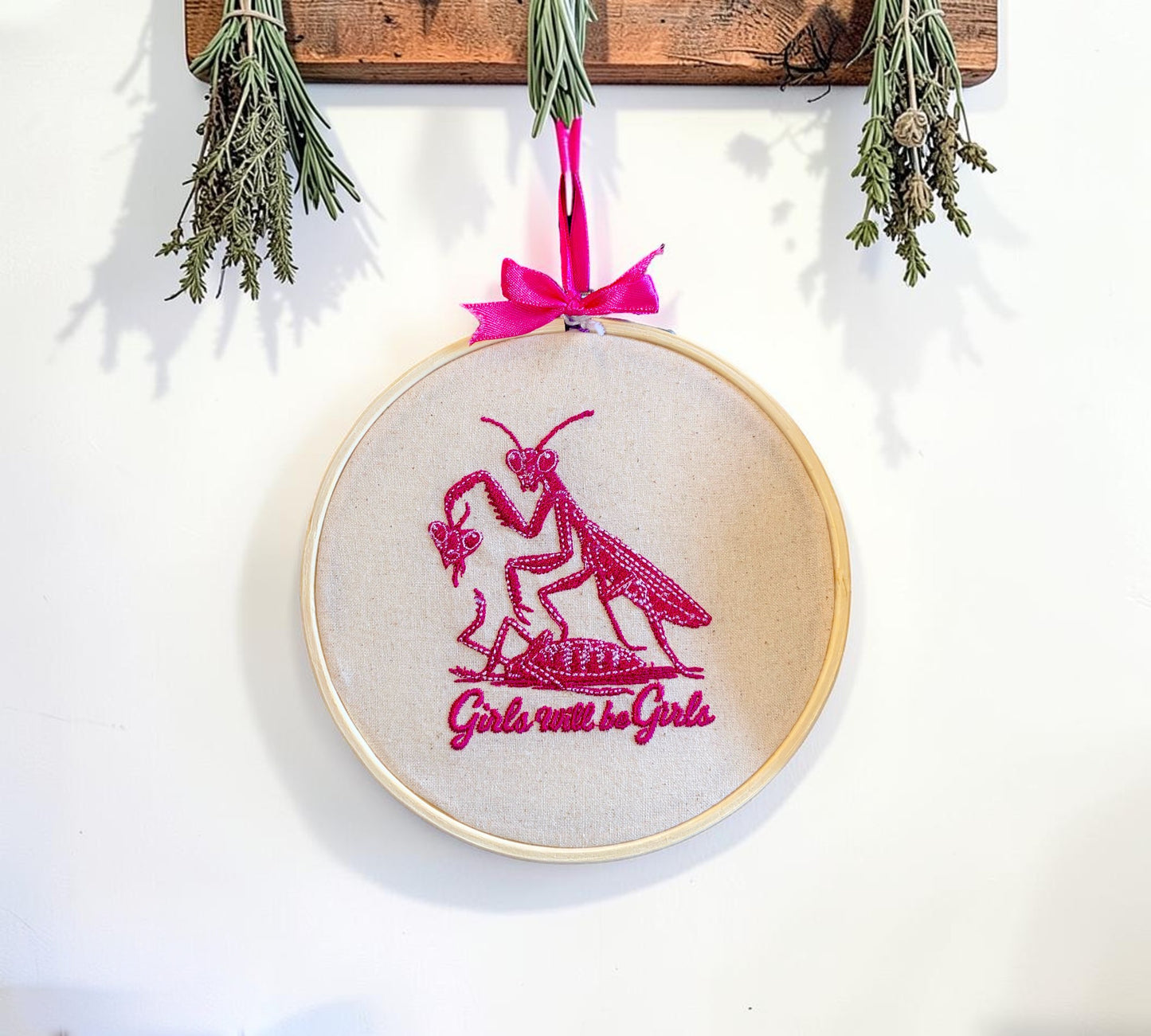 Girls Will Be Girls Praying Mantis Embroidered Wall Art