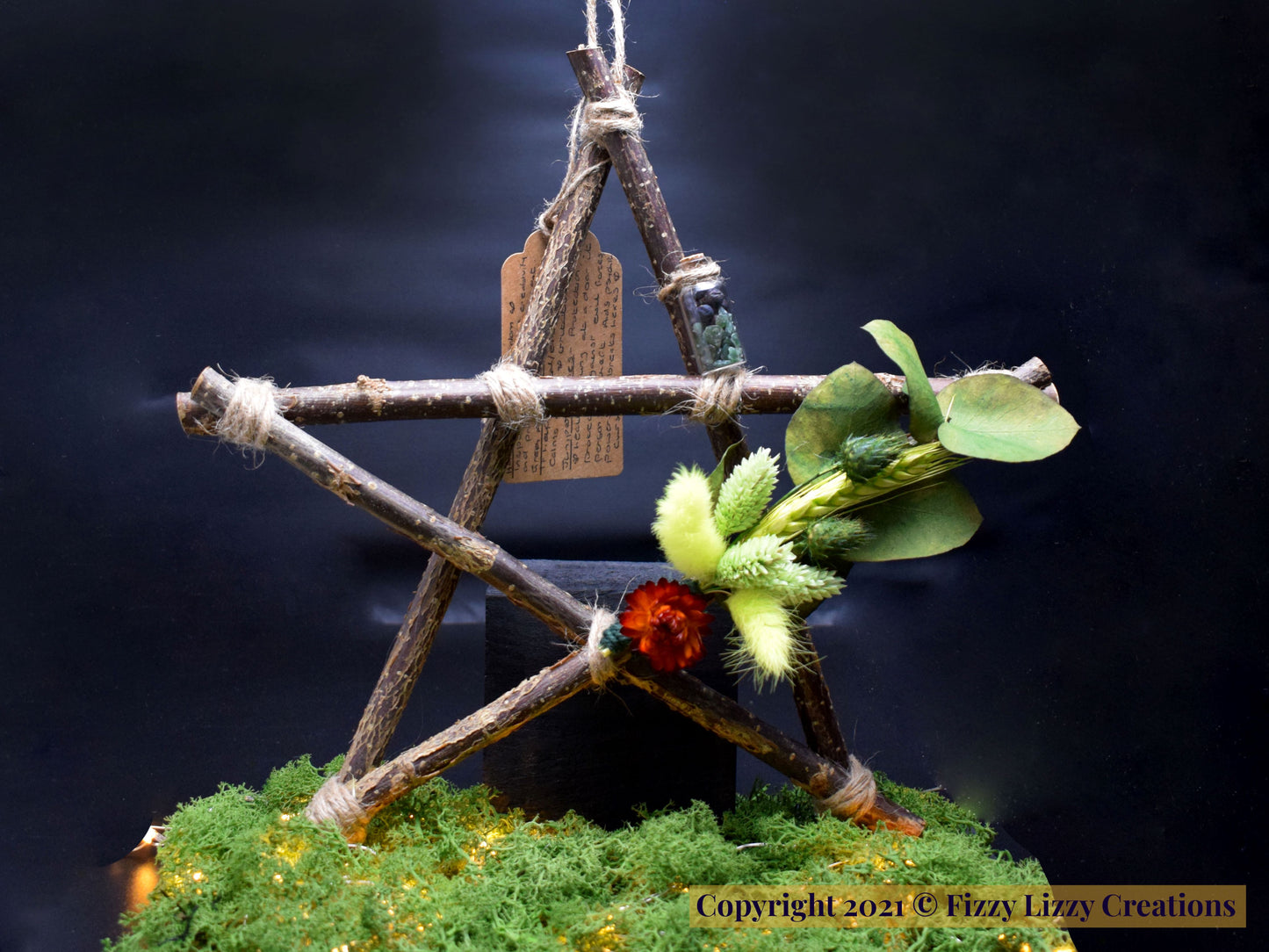 Hazelwood Pentagram with Green Aventurine and Dried Flowers