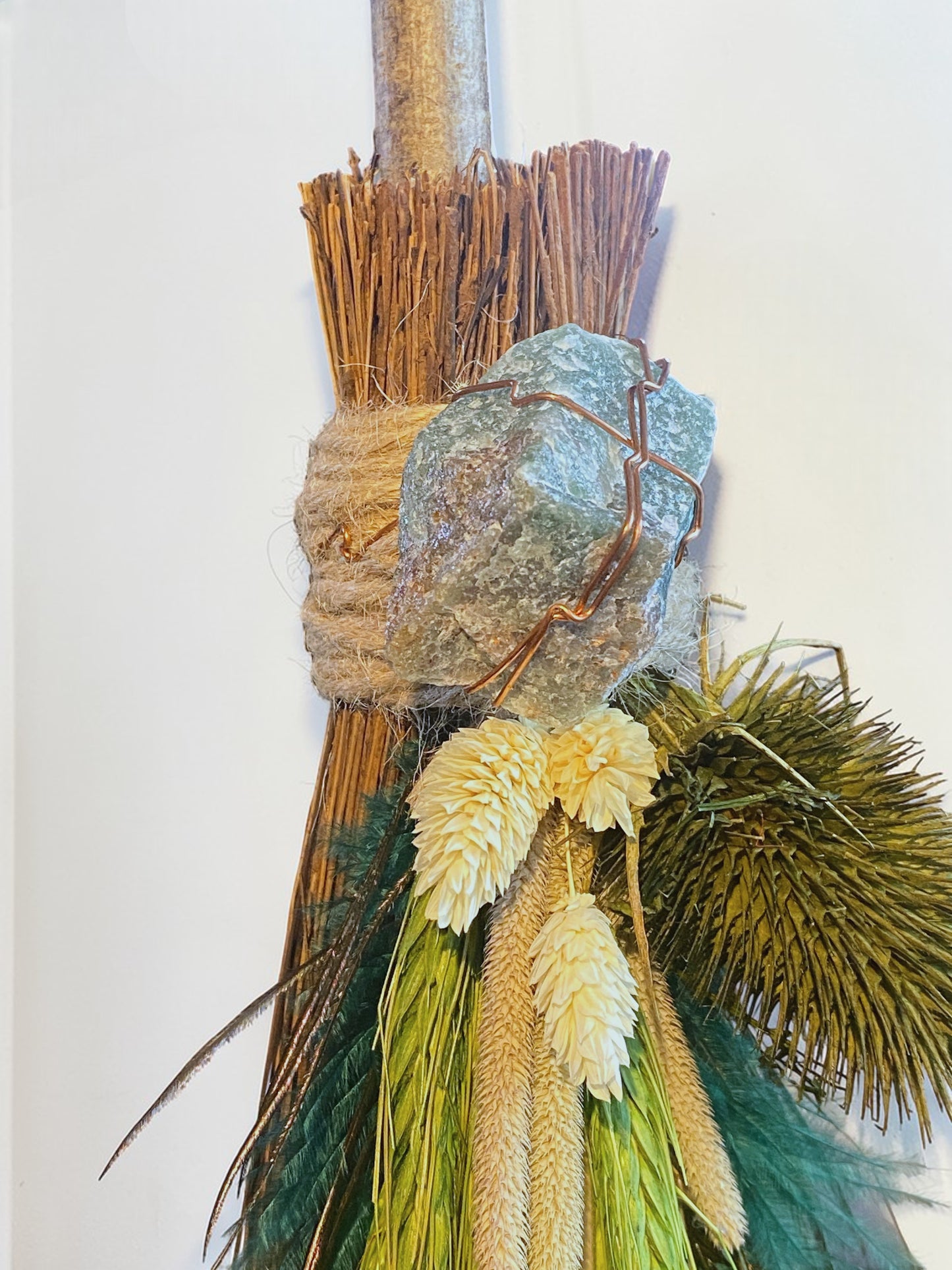 Besom Broom with Green Aventurine and Dried Flowers