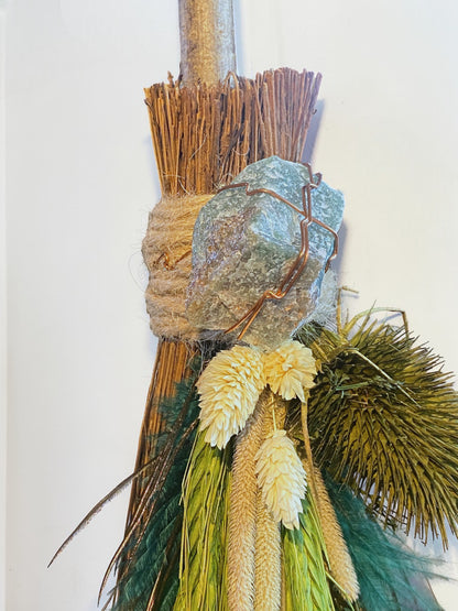 Besom Broom with Green Aventurine and Dried Flowers