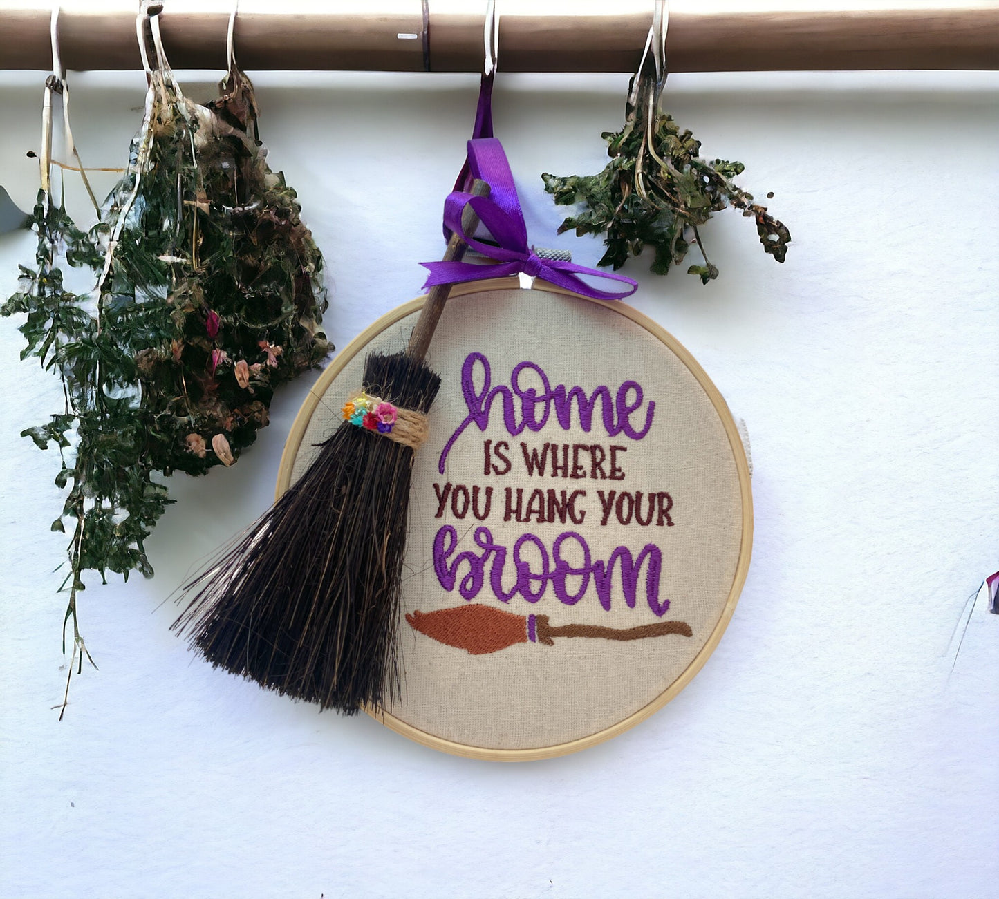 Home is where you hang your broom Embroidered Wall Art