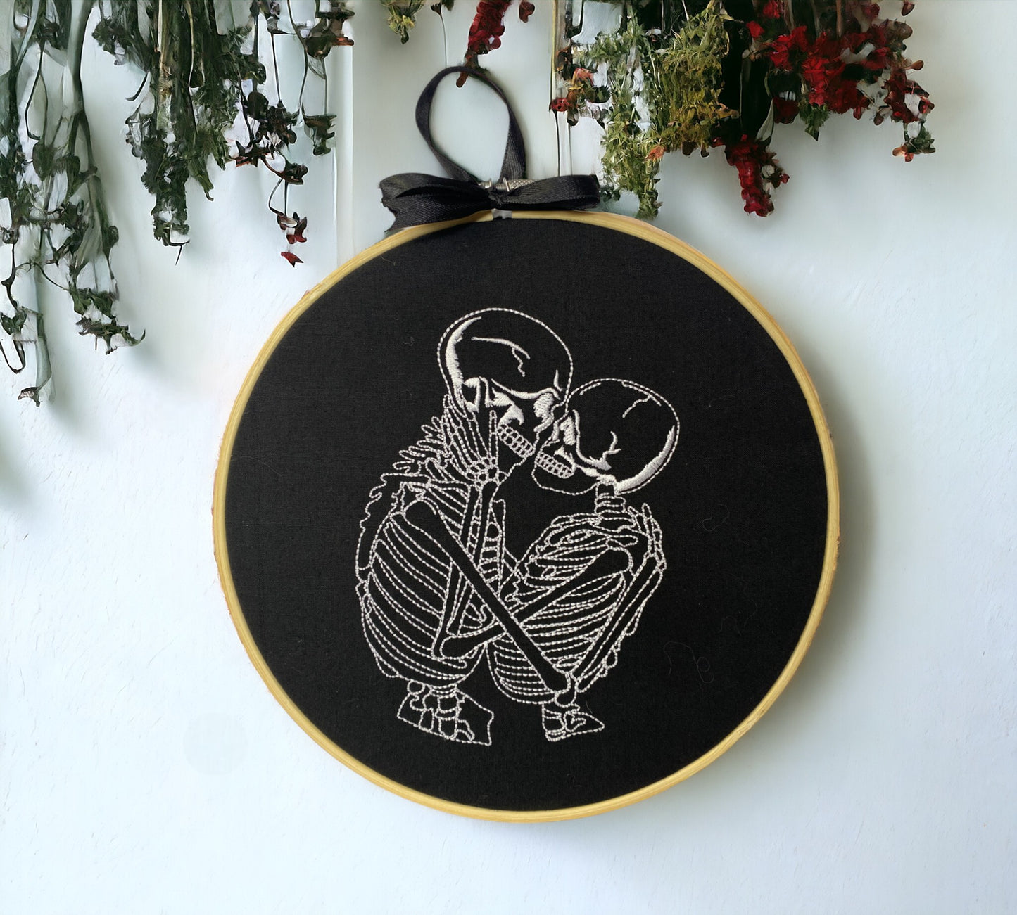 Kissing Skeletons Embroidered Wall Art