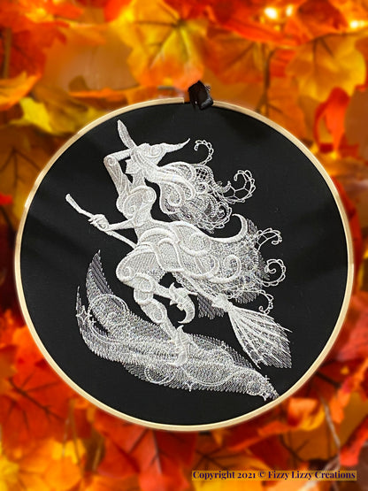 Witch On A Broom Embroidered Wall Art