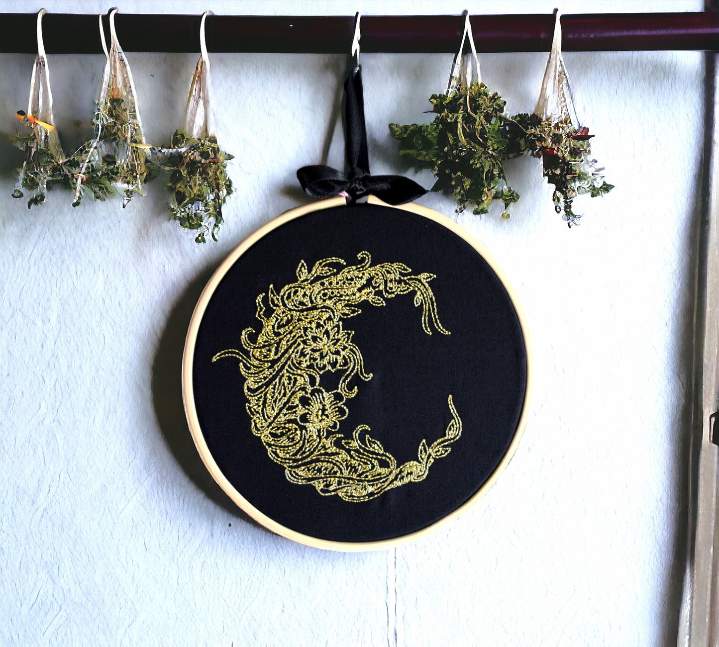 Moon and Flowers Embroidered Wall Art