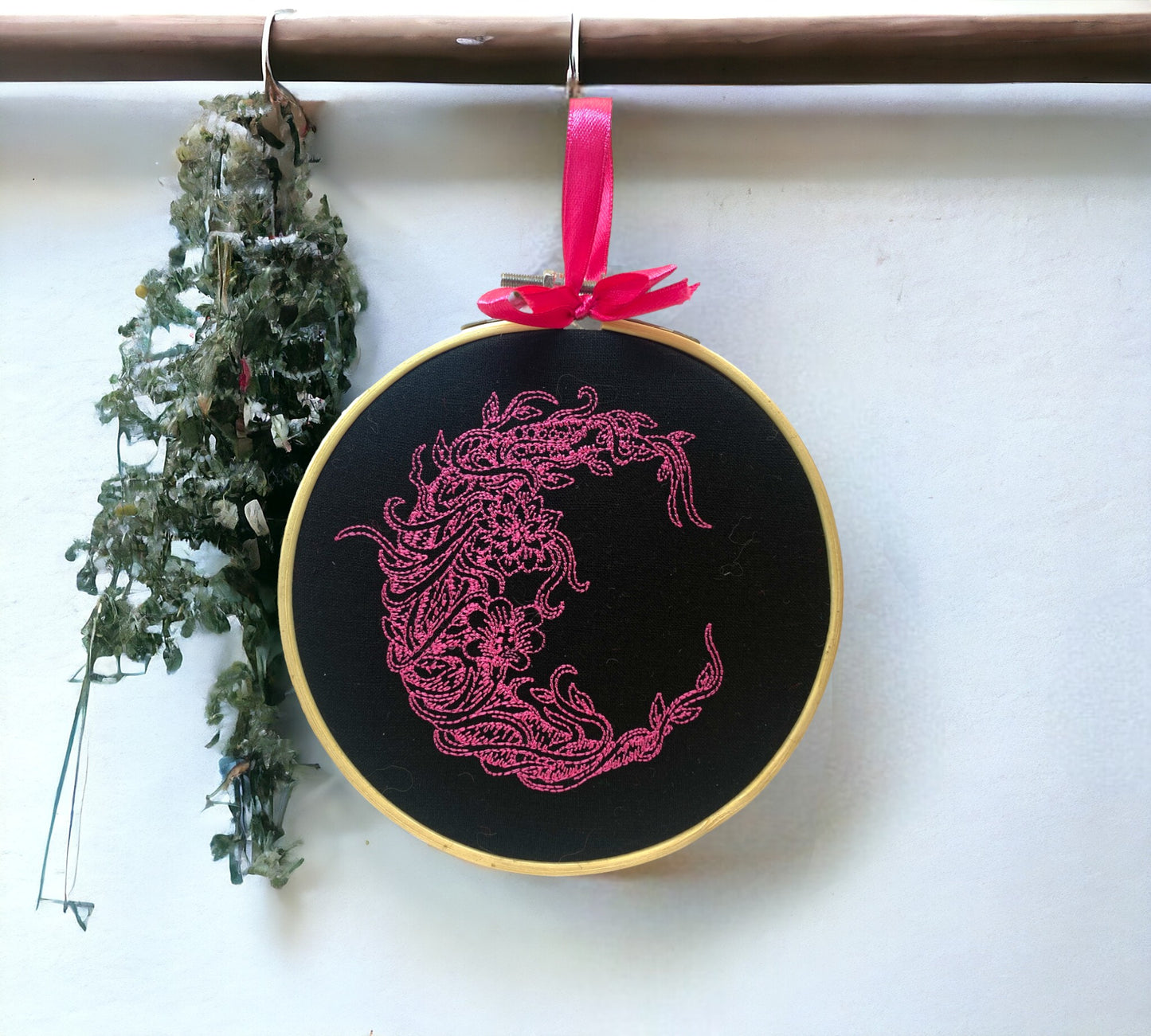 Moon and Flowers Embroidered Wall Art