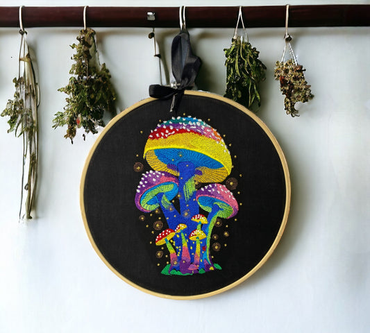 Neon Mushroom Embroidered Wall Art