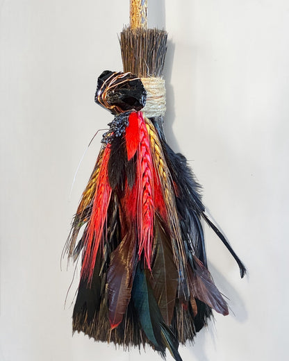 Besom Broom with Obsidian and Dried Flowers