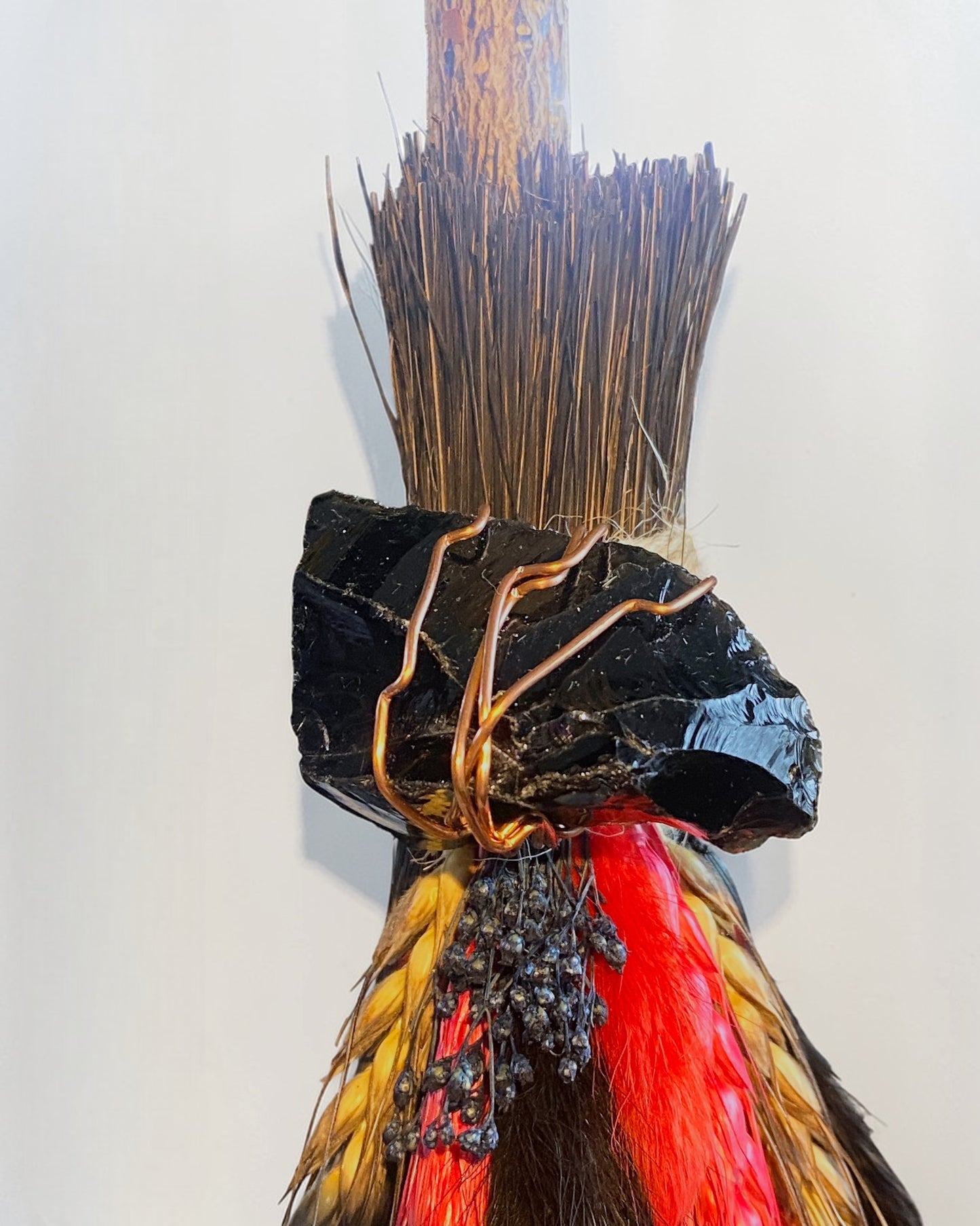 Besom Broom with Obsidian and Dried Flowers