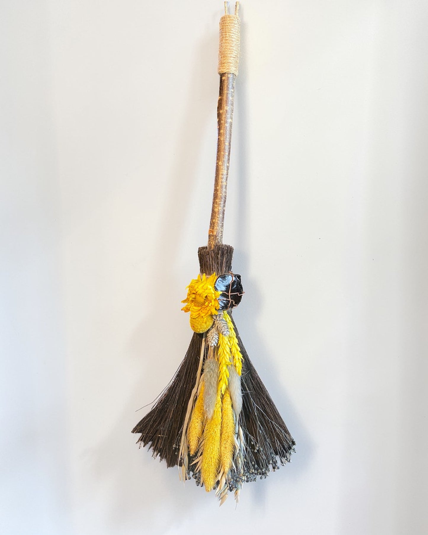 Besom Broom with Obsidian and Dried Flowers