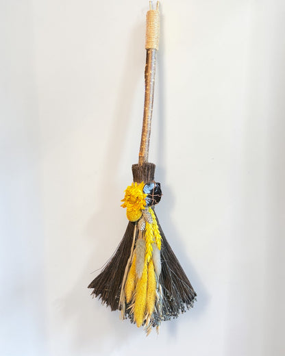 Besom Broom with Obsidian and Dried Flowers