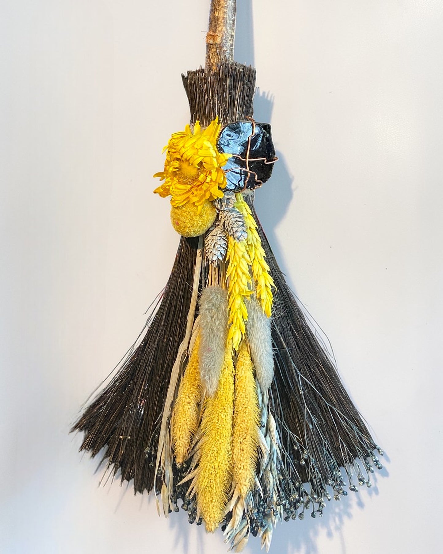 Besom Broom with Obsidian and Dried Flowers
