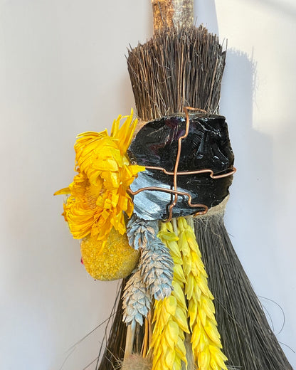 Besom Broom with Obsidian and Dried Flowers