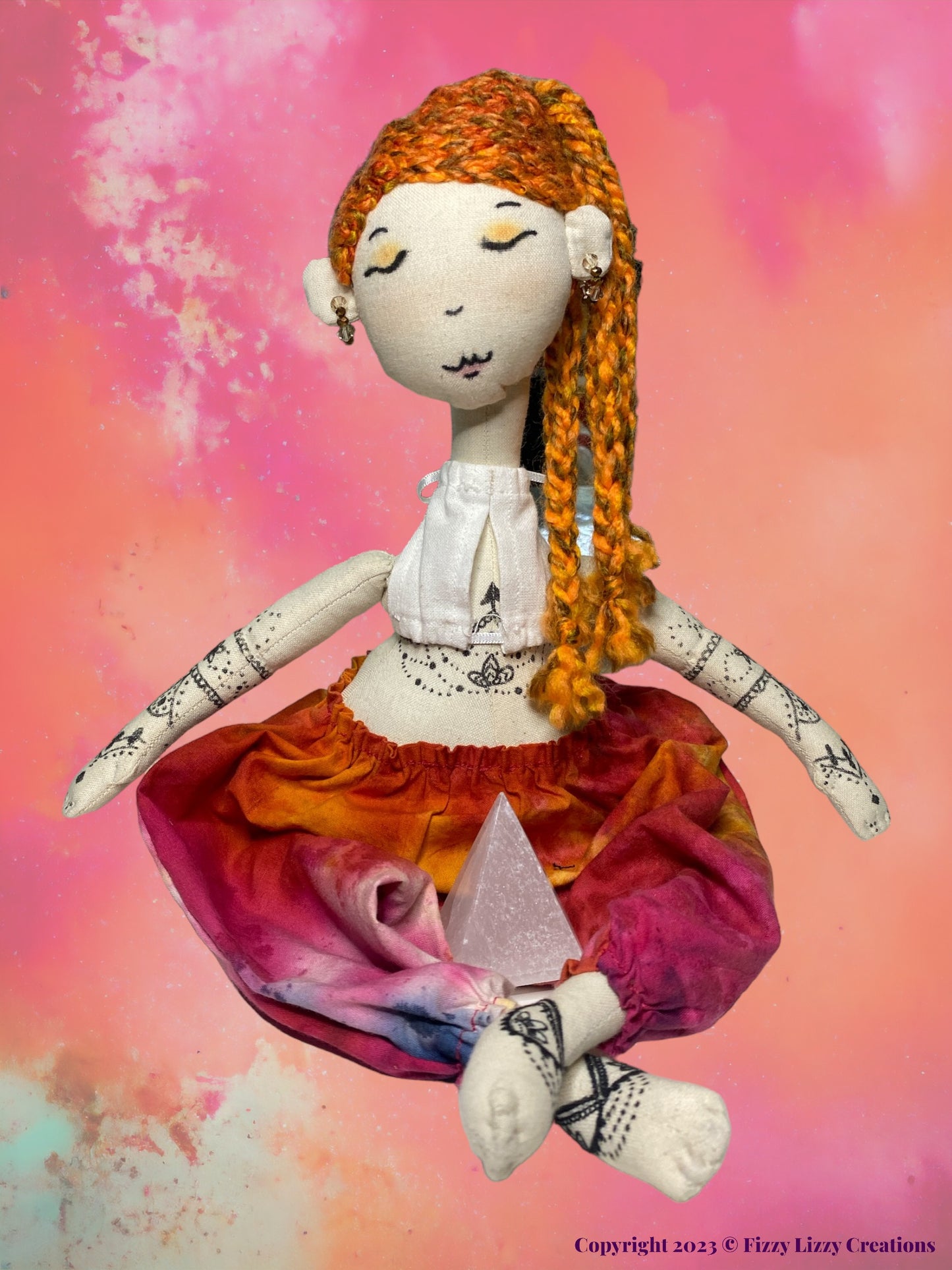 Zowie Meditation Doll with Selenite Pyramid in Orange