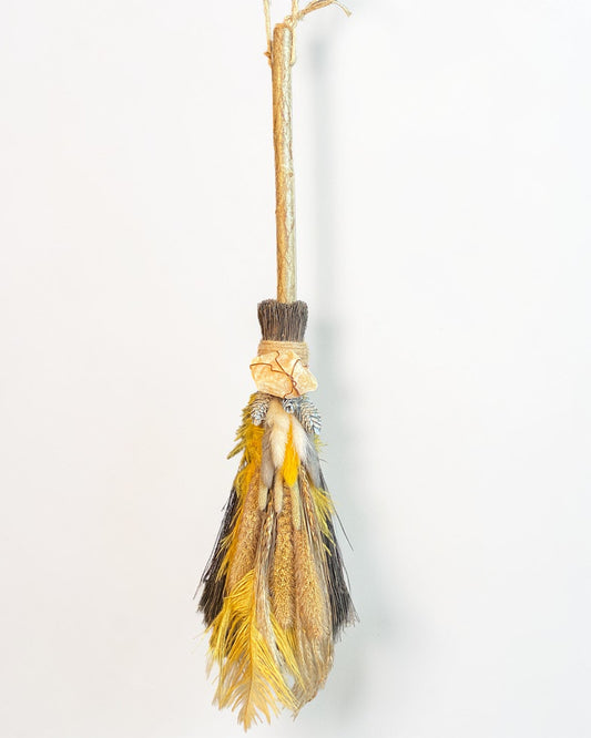 Besom Broom with Orange Calcite and Dried Flowers