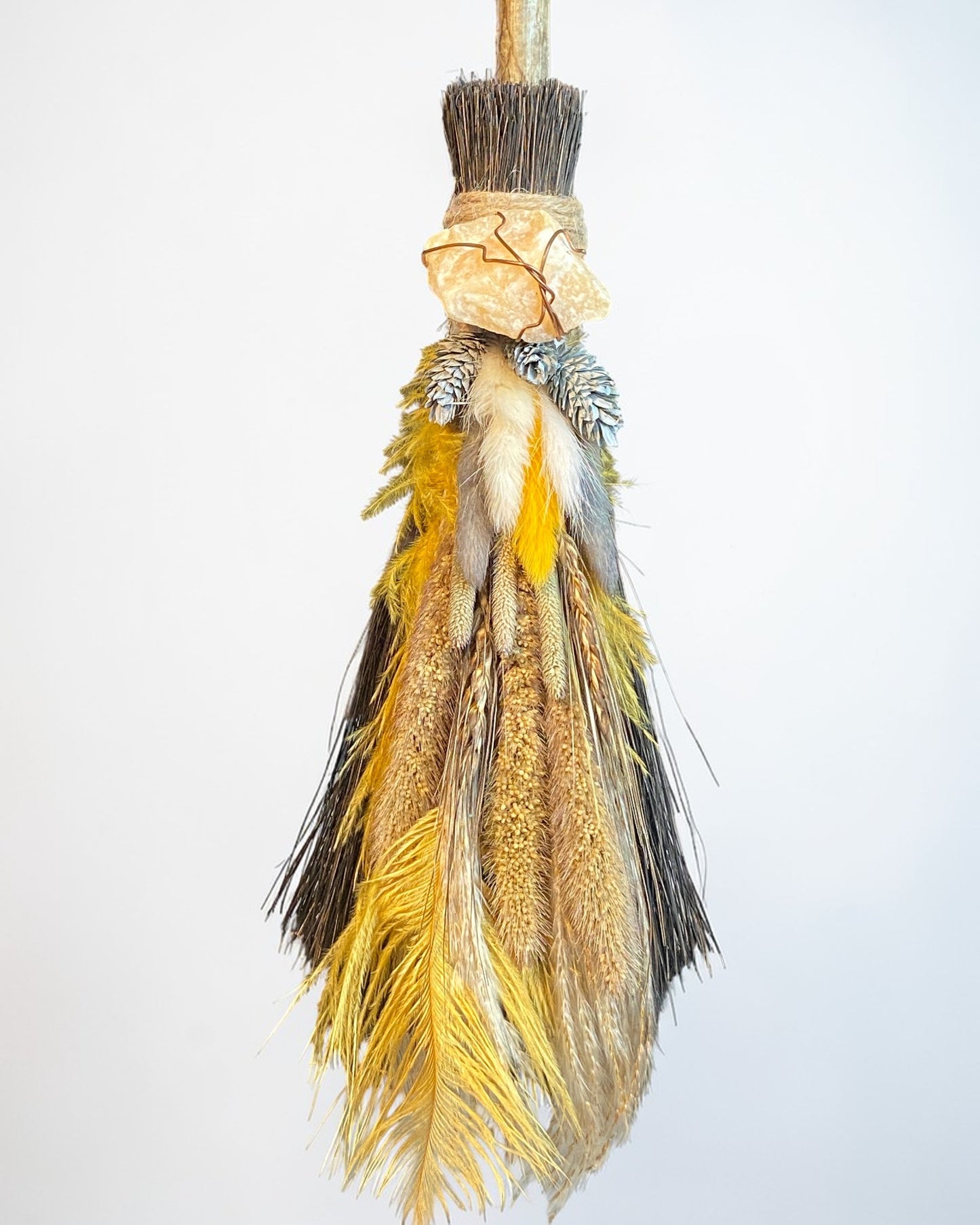Besom Broom with Orange Calcite and Dried Flowers