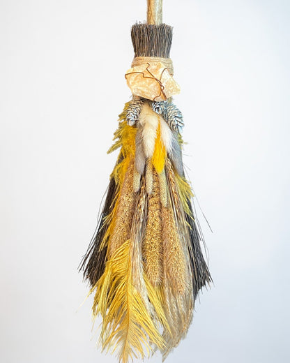 Besom Broom with Orange Calcite and Dried Flowers