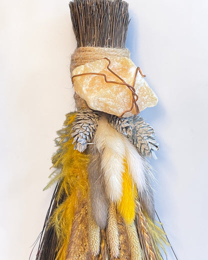 Besom Broom with Orange Calcite and Dried Flowers