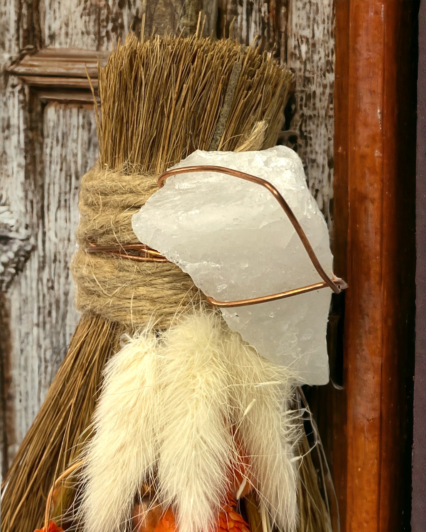 Besom Broom with Snow Quartz and Dried Flowers