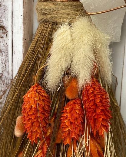 Besom Broom with Snow Quartz and Dried Flowers