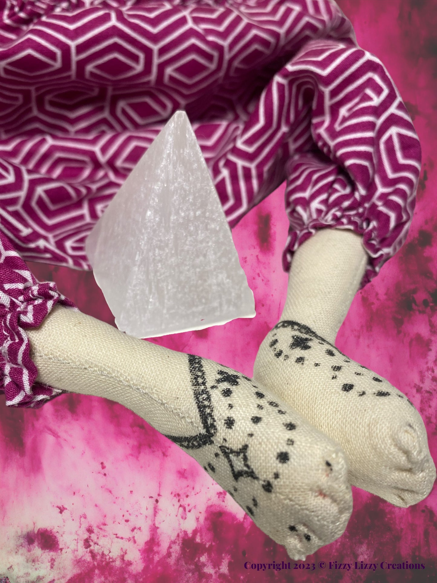 Zowie Meditation Doll with Selenite Pyramid in Pink