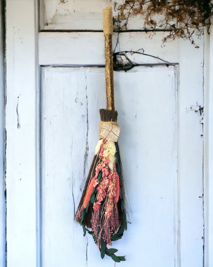 Besom Broom with Rose Quartz and Dried Flowers