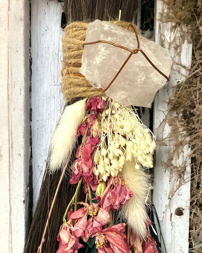 Besom Broom with Rose Quartz and Dried Flowers