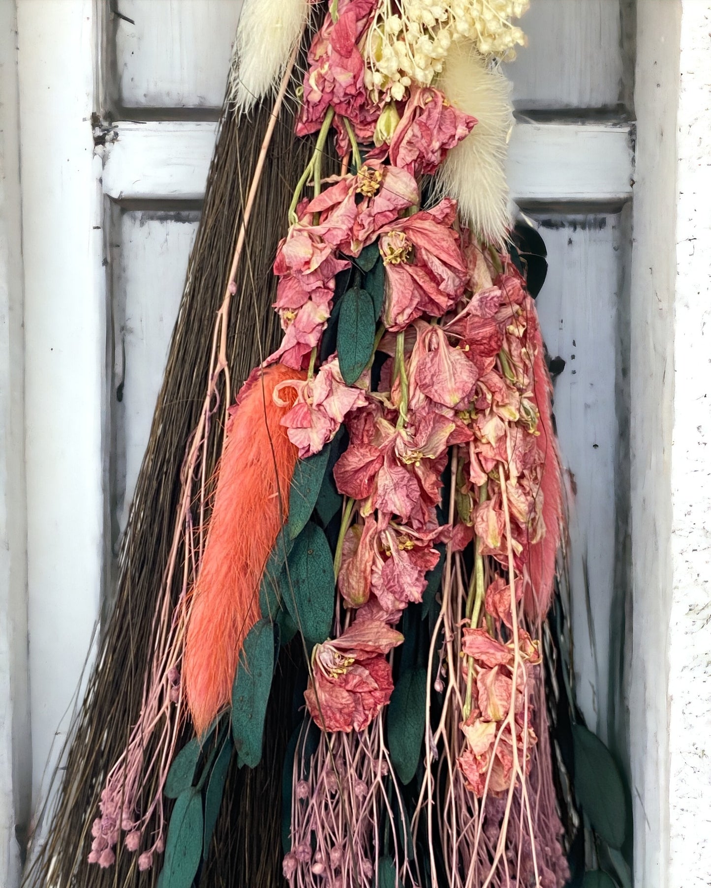 Besom Broom with Rose Quartz and Dried Flowers