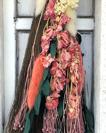 Besom Broom with Rose Quartz and Dried Flowers