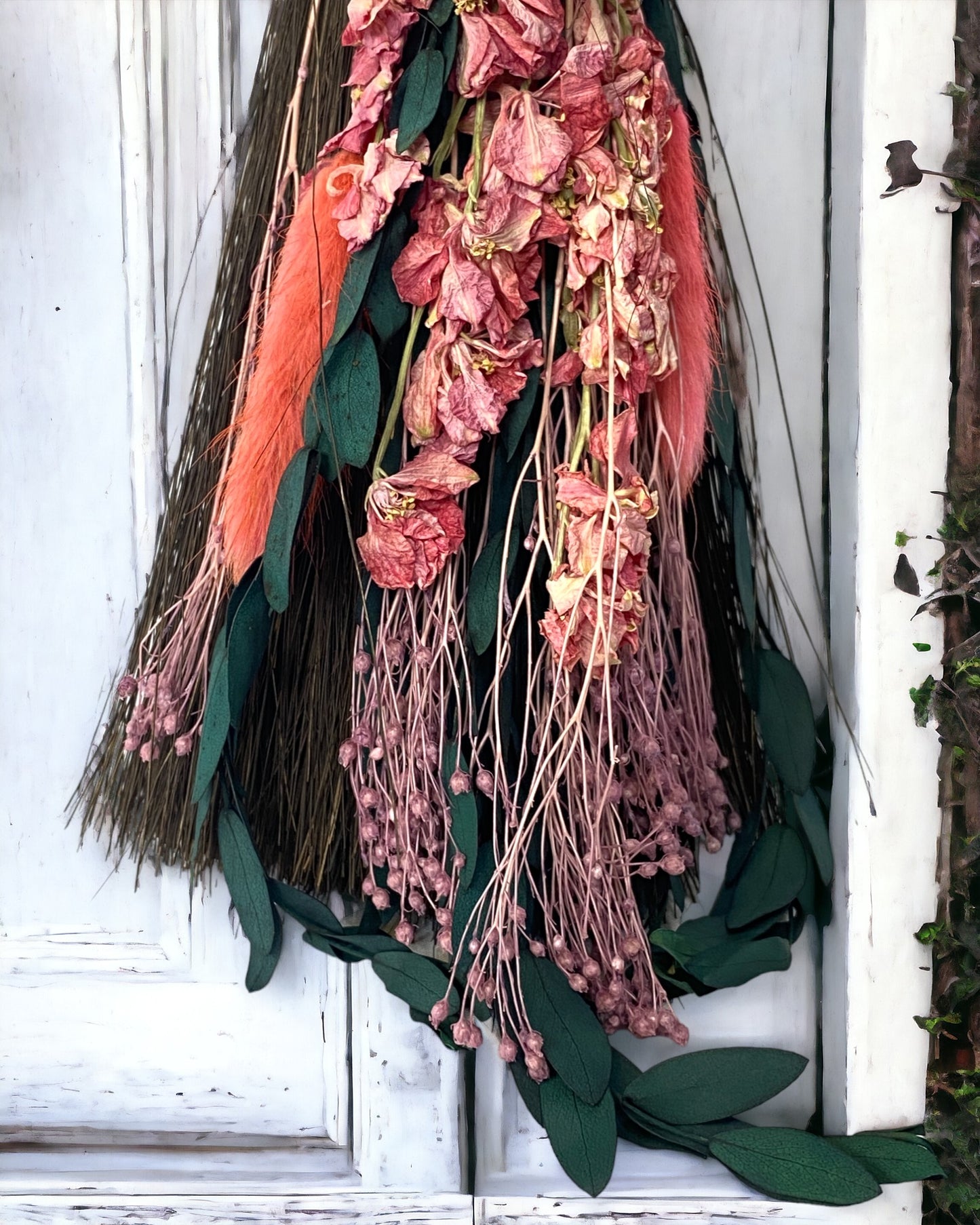 Besom Broom with Rose Quartz and Dried Flowers