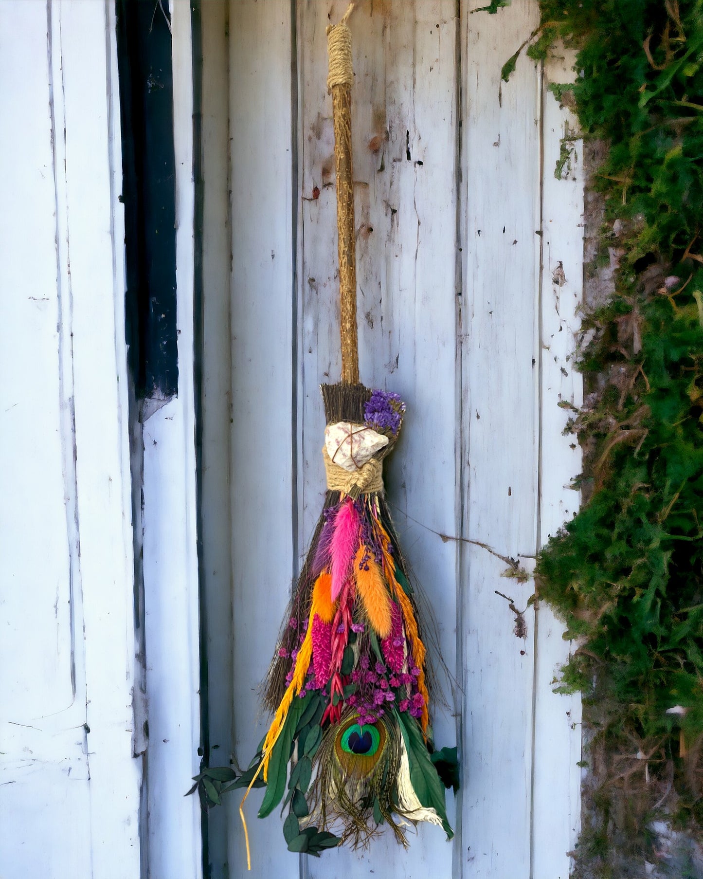 Besom Broom with Pink Tourmaline and Dried Flowers