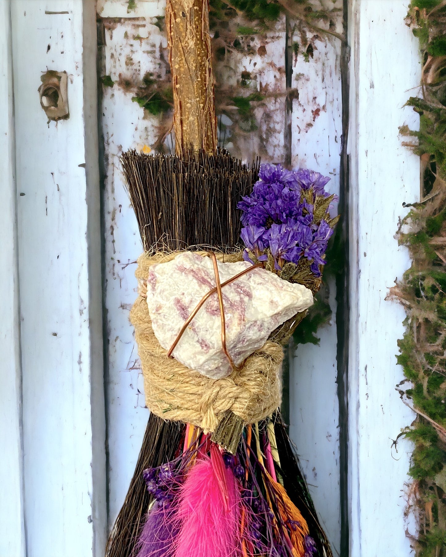 Besom Broom with Pink Tourmaline and Dried Flowers