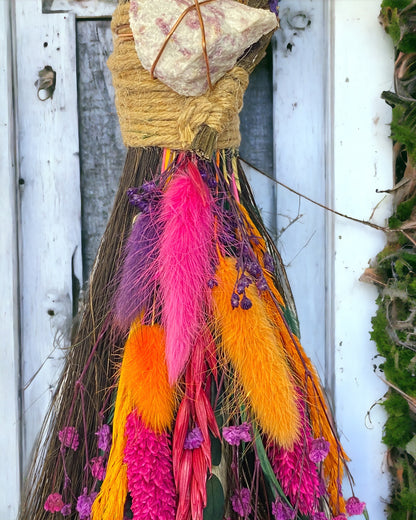 Besom Broom with Pink Tourmaline and Dried Flowers