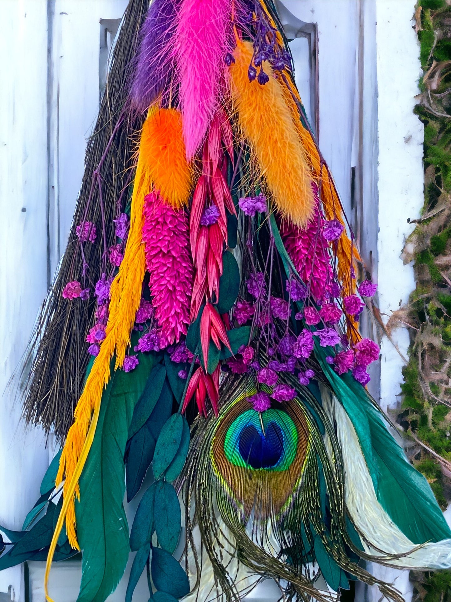 Besom Broom with Pink Tourmaline and Dried Flowers