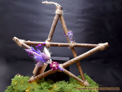 Hazelwood Pentagram with Amethyst and Dried Flowers