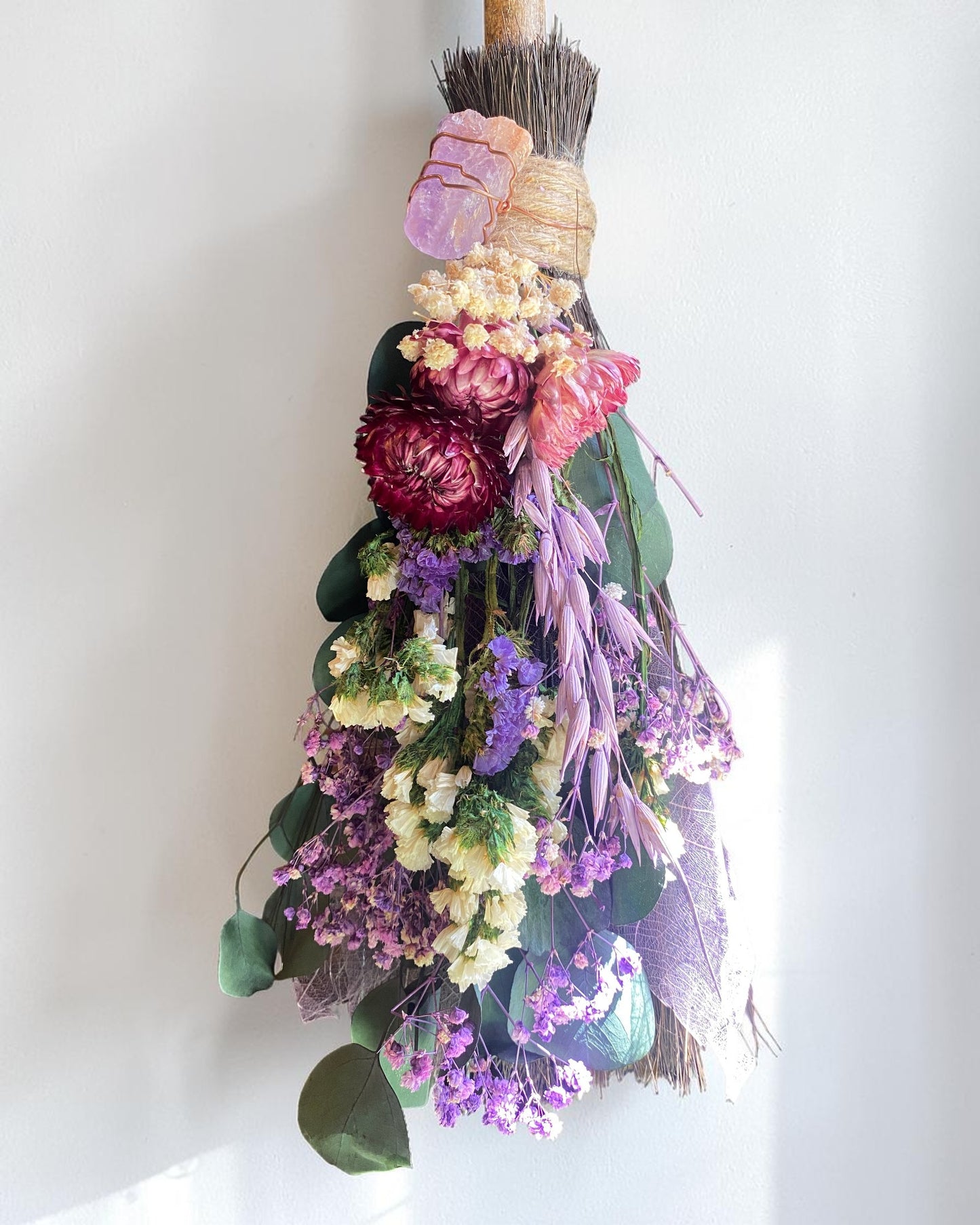 Besom Broom with Amethyst and Dried Flowers